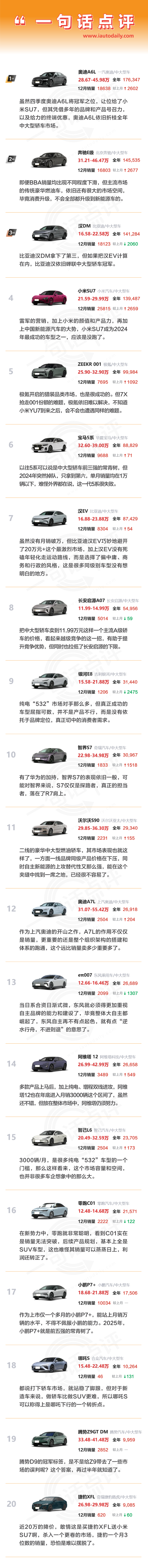 一句话点评12月及全年中大型轿车：BBA被冲得七零八落