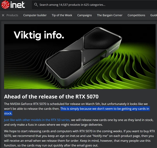 RTX 5070供不应求，大型零售商称缺货现象普遍