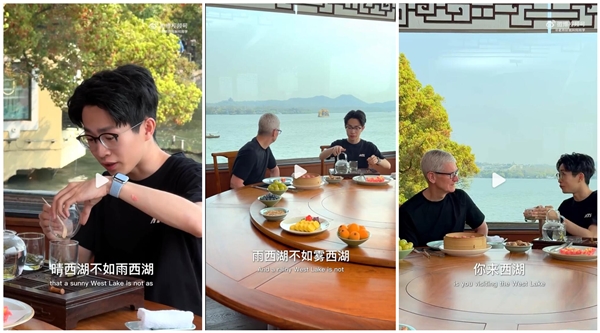 库克与何同学西湖品茶，深情告白瞬间，土味情话撒糖时刻