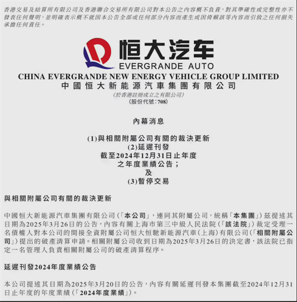 恒大汽车进入破产清算程序，股票今日起停牌！