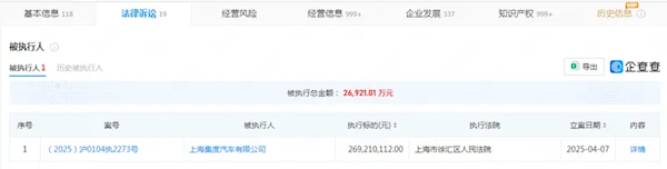 极越汽车涉2.69亿元案件成被执行人