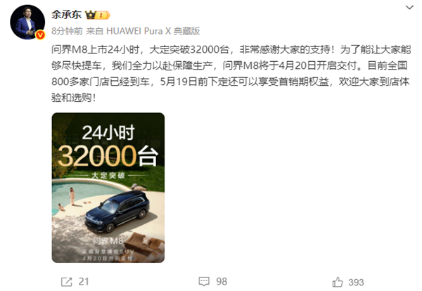 余承东宣布，问界M8上市24小时大定突破三万两千台大关！