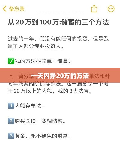 一天内挣20万的方法，快速致富，一日内实现20万收益的方法